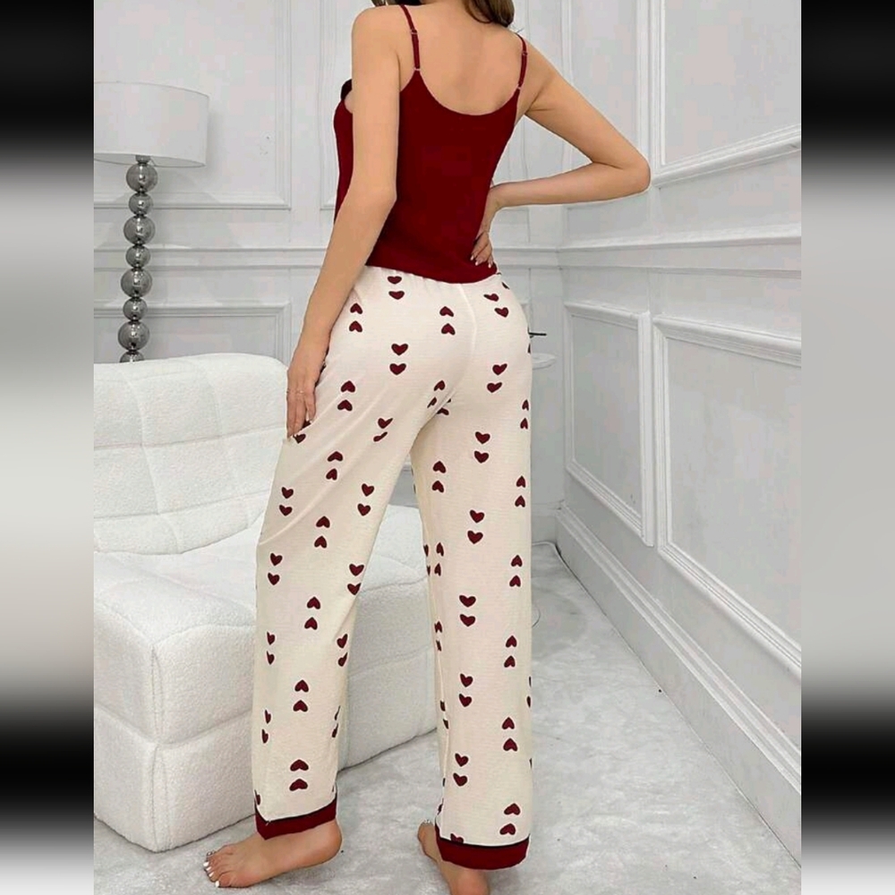 Color Block Heart Print V-Neck Cami & Pants Pajama Set wine red M - Picture 4 of 13
